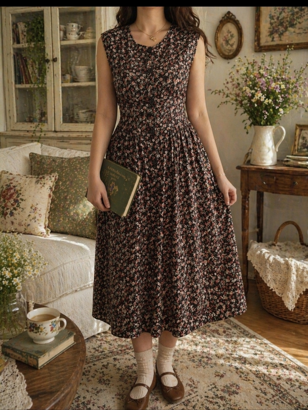 90's Pierre Cardin Brown Floral Maxi Dress with Pink Accents